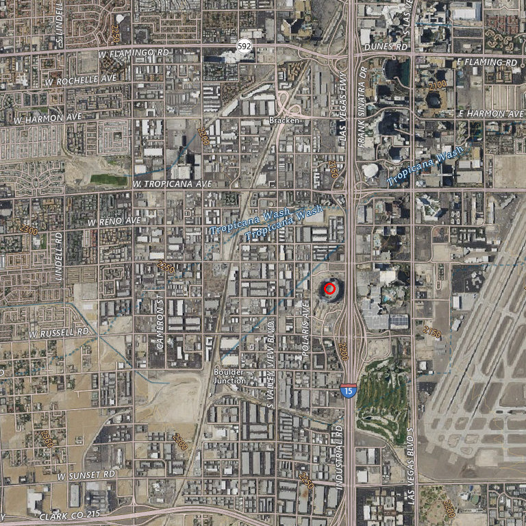 Home coordinates on a real satellite map; the red circle pinpoints Allegiant Stadium